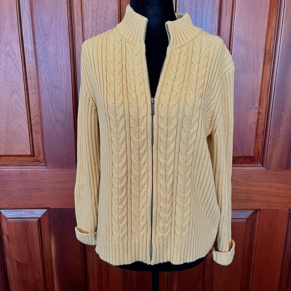 Vintage Lands End Womens Heavyweight Zip Front Cardigan Sweater Cable Y2K Yellow